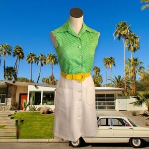 Vintage 60s Green Polka Dot and White Dress with Yellow Belt